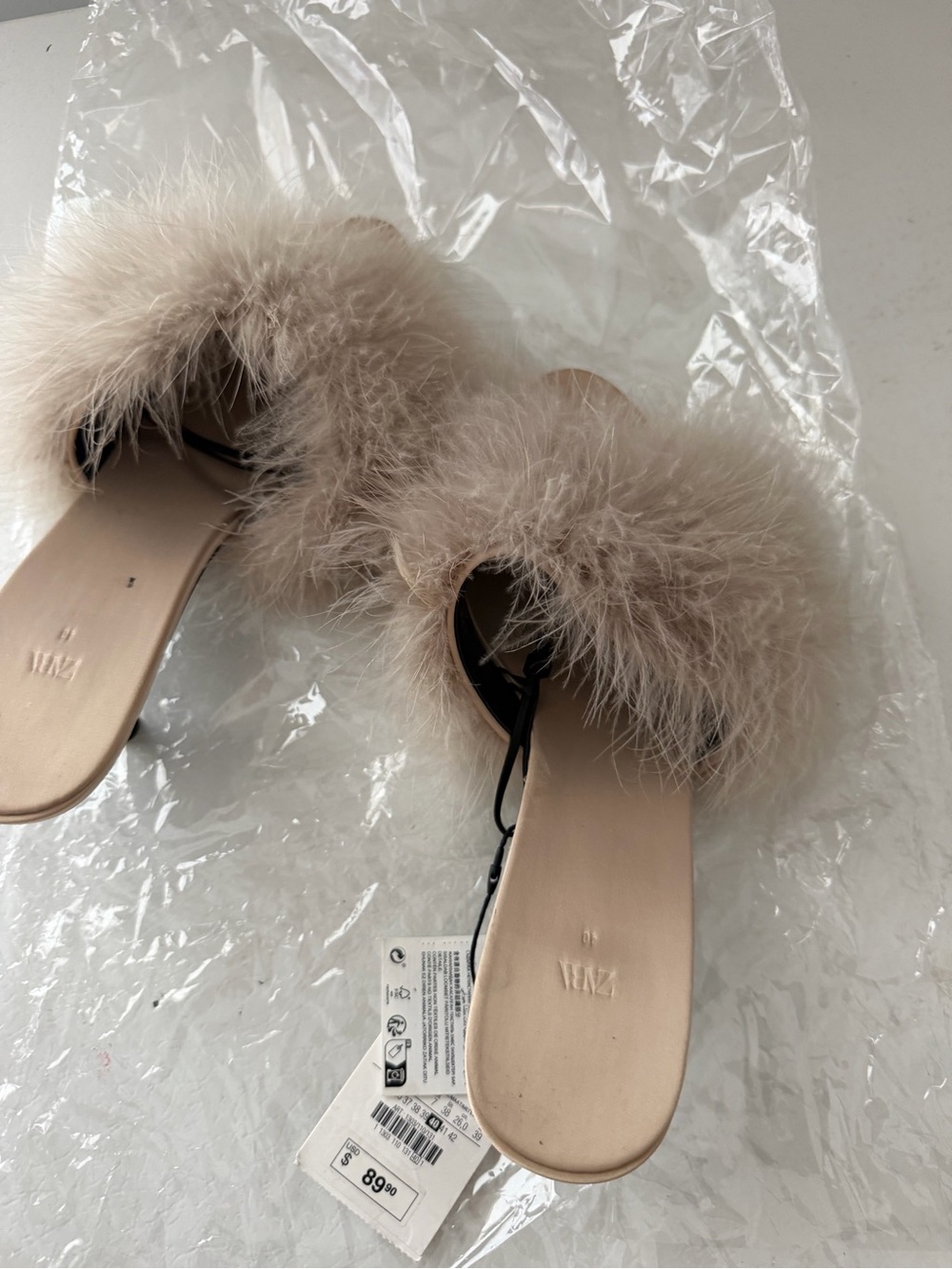 Zara Beige Feather-Trim Slide Mules - Picture 5 of 5